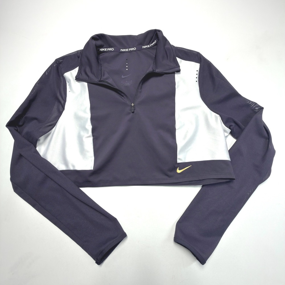 Nike‎ Pro Dri-FIT Crop Quarter Zip Womens M Purple Mesh Training Top